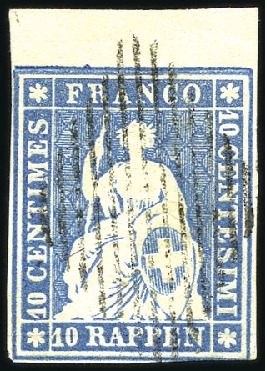 Stamp of Switzerland / Schweiz » Sitzende Helvetia Ungezähnt » Münchner Druck, 1. Auflage 10Rp blau oberes Randstück entwertet mit schwarzer
