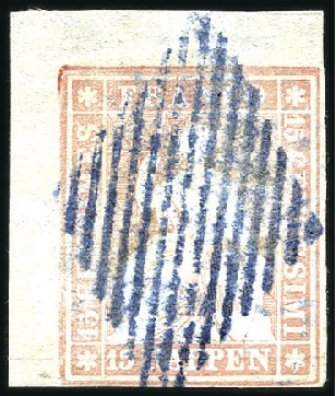 Stamp of Switzerland / Schweiz » Sitzende Helvetia Ungezähnt » Münchner Druck, 1. Auflage 15Rp mattrosa als breitrandige linke obere Bogenec