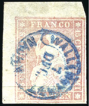 Stamp of Switzerland / Schweiz » Sitzende Helvetia Ungezähnt » Münchner Druck, 1. Auflage 15Rp mattrosa als breitrandige linke obere Pracht-