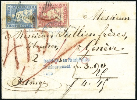 Stamp of Switzerland / Schweiz » Sitzende Helvetia Ungezähnt » Münchner Druck, 1. Auflage 15Rp mattrosa + 10Rp blau (Oberrandstück) auf Nach