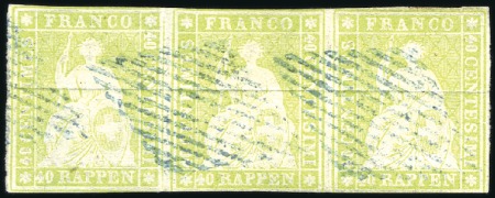 Stamp of Switzerland / Schweiz » Sitzende Helvetia Ungezähnt » Münchner Druck, 1. Auflage 40Rp blassgelbgrün in waagrechten Dreierstreifen e