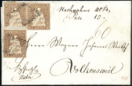 Stamp of Switzerland / Schweiz » Sitzende Helvetia Ungezähnt » Münchner Druck, 2. Auflage 5Rp braun in waagrechten Paar + oberes Randstück (