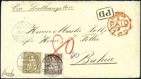 BRASILIEN 1876: 1Fr. golden und 5C braun, weisses 