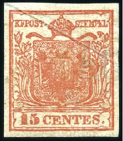 WITHDRAWN 1850 15c Vermilion, HP, type 1, on verti