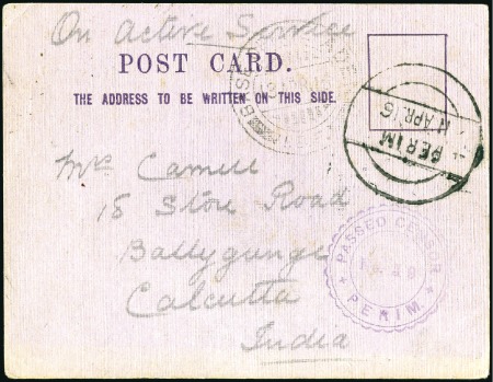 Stamp of India » Used Abroad PERIM: 1916 (Apr 11) Postcard from Perim to Calcut