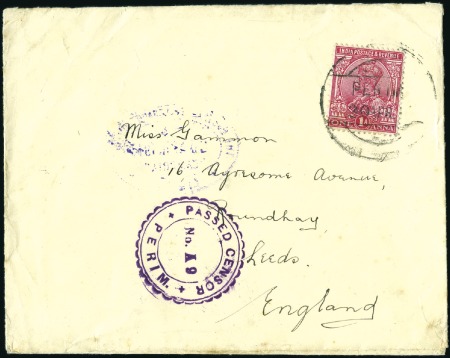 Stamp of India » Used Abroad PERIM: 1917 (Apr 30) Envelope from Perim to Englan