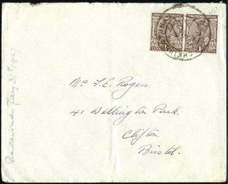 Stamp of India » Used Abroad SHEIK OTHMAN: 1927 (Jan 19) Envelope from Sheik Ot