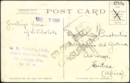 Stamp of India » Used Abroad 1918 (Jul 14) Transiting postcard from the USA to 