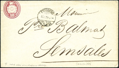 1869 10C karminrot, Umschlag mit Abart: Nach oben 