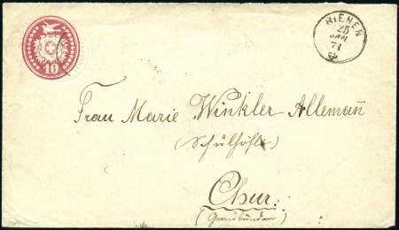1869 10C karminrot, Umschlag mit Abart: Doppelpräg
