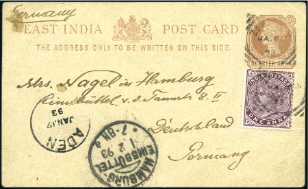 Stamp of Zanzibar » The Indian Post Office (1875-1895) 1893 (Jan 6) 1/2a Postal stationery card from Zanz