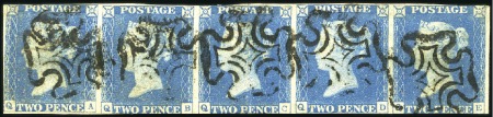 Stamp of Great Britain » 1840 2d Blue (ordered by plate number) 1840 2d Blue plate 1 QA-QE strip of five, one stam