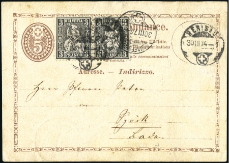 Stamp of Switzerland / Schweiz » Ganzsachen » Postkarten 1874 5C braun und Zusatzfrankatur Sitzende Helveti
