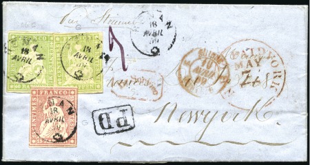 Stamp of Switzerland / Schweiz » Sitzende Helvetia Ungezähnt » 1856-57 Berner Druck (II) 40Rp grün (2, von verschiedenen Bögen: grün und ge
