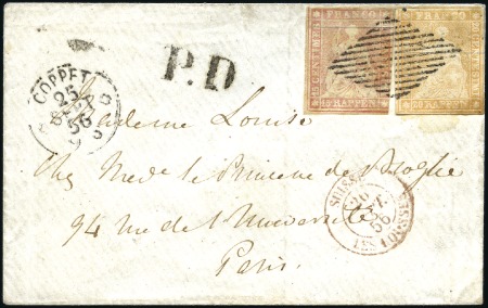 Stamp of Switzerland / Schweiz » Sitzende Helvetia Ungezähnt » 1854-55 Berner Druck (I) 20Rp orange + Berner Druck I 15Rp mattrosa auf Kuv