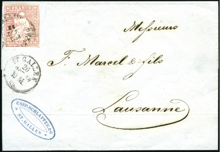 Stamp of Switzerland / Schweiz » Sitzende Helvetia Ungezähnt » 1856-57 Berner Druck (III) 15Rp (2, davon 1x auf Brief) je mit Plattenfehler: