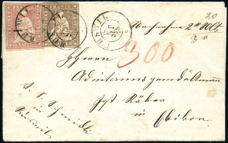 Stamp of Switzerland / Schweiz » Sitzende Helvetia Ungezähnt » 1856-57 Berner Druck (III) 15Rp karmin + 5Rp braun auf kompletter Nachnahme-F