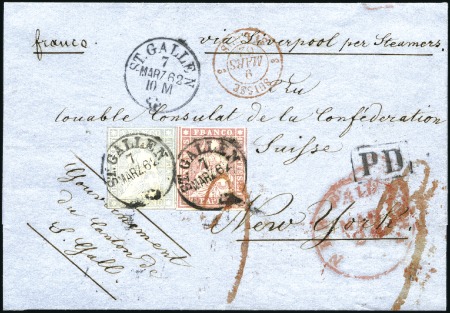 Stamp of Switzerland / Schweiz » Sitzende Helvetia Ungezähnt » 1856-57 Berner Druck (III) 1Fr violettgrau + Berner Druck IV 15Rp rosa auf ko