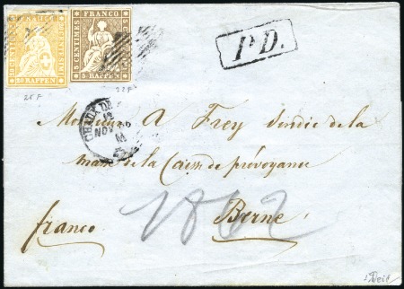 Stamp of Switzerland / Schweiz » Sitzende Helvetia Ungezähnt » III. Periode, dünnes Seidenpapier 5Rp mattgraubraun + 20Rp orange auf kompletter Fal