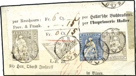 Stamp of Switzerland / Schweiz » Sitzende Helvetia Ungezähnt » 1857-62 Berner Druck, Dickes Papier NACHNAHME STREIFBANDHALBIERUNG:
2Rp grau (2) + HA