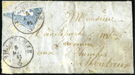 Stamp of Switzerland / Schweiz » Sitzende Helvetia Ungezähnt » 1857-62 Berner Druck, Dickes Papier HALBIERUNG
10Rp blau diagonal halbiert auf unvoll