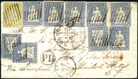 Stamp of Switzerland / Schweiz » Sitzende Helvetia Ungezähnt » Münchner Druck, 1. Auflage 40Rp blassgelbgrün + Berner Druck I 10Rp blau (9, 