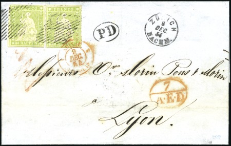 Stamp of Switzerland / Schweiz » Sitzende Helvetia Ungezähnt » Münchner Druck, 2. Auflage 40Rp hellgelbgrün (2) auf Faltbrief je entwertet m