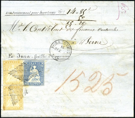 Stamp of Switzerland / Schweiz » Sitzende Helvetia Ungezähnt » 1854-55 Berner Druck (I) 20Rp orange (2) + Münchner Druck III 10Rp blau auf