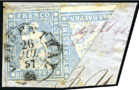 Stamp of Switzerland / Schweiz » Sitzende Helvetia Ungezähnt » 1856-57 Berner Druck (II) 10Rp milchblau + diagonal 1/2 10Rp milchblau auf k