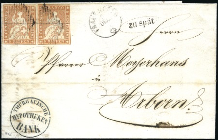 Stamp of Switzerland / Schweiz » Sitzende Helvetia Ungezähnt » Münchner Druck, 1. Auflage 5Rp rotbraun in waagrechtem Paar auf Faltbrief mit