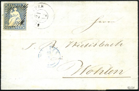 Stamp of Switzerland / Schweiz » Sitzende Helvetia Ungezähnt » Münchner Druck, 1. Auflage 10Rp mattblau auf Faltbrief entwertet mit schwarze