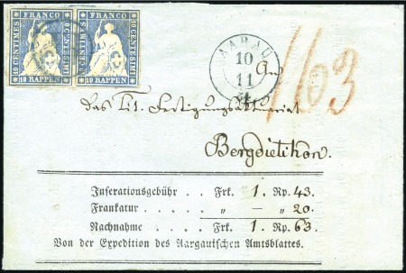 Stamp of Switzerland / Schweiz » Sitzende Helvetia Ungezähnt » Münchner Druck, 1. Auflage 10Rp mattblau in waagrechtem Paar auf Nachnahmefal