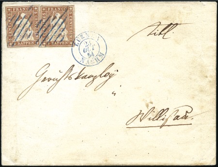 Stamp of Switzerland / Schweiz » Sitzende Helvetia Ungezähnt » Münchner Druck, 2. Auflage 5Rp braun (2) auf Kuvert je mit blauer Luzerner Ra