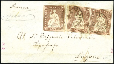 Stamp of Switzerland / Schweiz » Sitzende Helvetia Ungezähnt » Münchner Druck, 2. Auflage 5Rp braun (3) auf Briefvorderseite entwertet mit 2