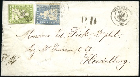 Stamp of Switzerland / Schweiz » Sitzende Helvetia Ungezähnt » Münchner Druck, 2. Auflage 10Rp blau (rechtes Randstück) + 40Rp hellgrün auf 