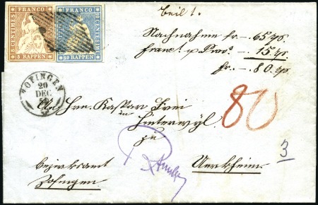 Stamp of Switzerland / Schweiz » Sitzende Helvetia Ungezähnt » Münchner Druck, 2. Auflage 5Rp braun + 10Rp blau auf Nachnahmefaltbrief zentr