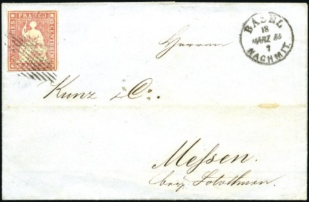 Stamp of Switzerland / Schweiz » Sitzende Helvetia Ungezähnt » Münchner Druck, 2. Auflage 15Rp leuchtendrosa auf Briefhülle entwertet mit sc