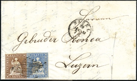 Stamp of Switzerland / Schweiz » Sitzende Helvetia Ungezähnt » Münchner Druck, 2. Auflage 5Rb braun + 10Rp blau auf Faltbrief entwertet mit 
