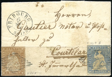 Stamp of Switzerland / Schweiz » Sitzende Helvetia Ungezähnt » 1854-55 Berner Druck (I) 5Rp graubraun + Münchner Druck III 10Rp blau auf k