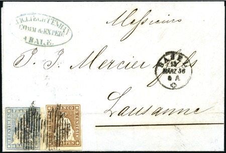 Stamp of Switzerland / Schweiz » Sitzende Helvetia Ungezähnt » Münchner Druck, 2. Auflage 5Rp braun + 10Rp blau auf Faltbrief entwertet mit 