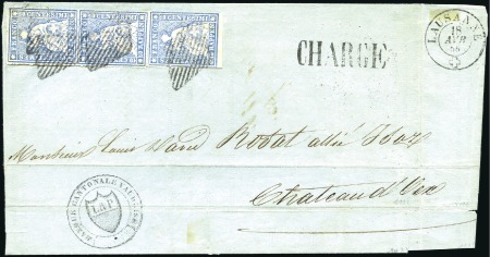 Stamp of Switzerland / Schweiz » Sitzende Helvetia Ungezähnt » 1854-55 Berner Druck (I) 10Rp blau in senkrechten Dreierstreifen auf Grosst