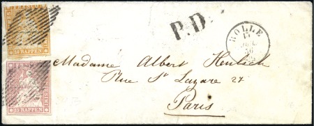 Stamp of Switzerland / Schweiz » Sitzende Helvetia Ungezähnt » 1854-55 Berner Druck (I) 15Rp karminrosa + 20Rp orange auf Kuvert je entwer