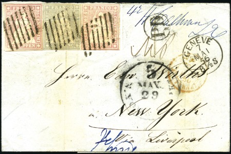 Stamp of Switzerland / Schweiz » Sitzende Helvetia Ungezähnt » 1856-57 Berner Druck (II) 1Fr violettgrau + Berner Druck I 15Rp (2) auf Falt