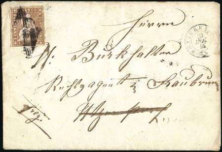 Stamp of Switzerland / Schweiz » Sitzende Helvetia Ungezähnt » 1856-57 Berner Druck (II) 5Rp braun auf handgefaltetem Kuvert entwertet mit 
