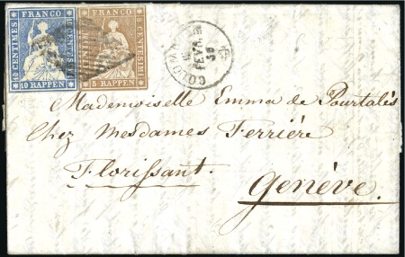 Stamp of Switzerland / Schweiz » Sitzende Helvetia Ungezähnt » 1856-57 Berner Druck (II) 5Rp braun + Münchner Druck III 10Rp blau auf Faltb