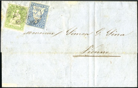 Stamp of Switzerland / Schweiz » Sitzende Helvetia Ungezähnt » 1856-57 Berner Druck (II) 10Rp blau + 40Rp grün auf Faltbriefhülle entwertet
