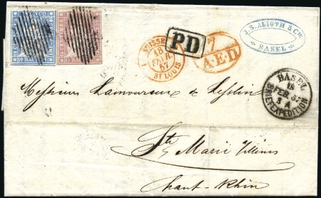 Stamp of Switzerland / Schweiz » Sitzende Helvetia Ungezähnt » 1856-57 Berner Druck (II) 15Rp karminrosa + Berner Druck III 10Rp blau auf F