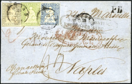 Stamp of Switzerland / Schweiz » Sitzende Helvetia Ungezähnt » 1856-57 Berner Druck (II) 1Fr violettgrau + 40Rp grün + 10Rp blau auf desinf