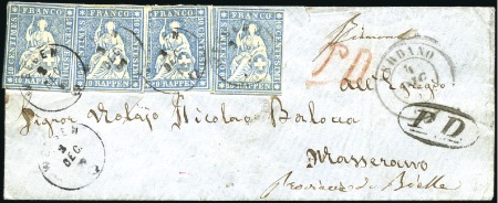 Stamp of Switzerland / Schweiz » Sitzende Helvetia Ungezähnt » 1856-57 Berner Druck (II) 10Rp blau (4) auf Kuvert je entwertet mit kleinen 