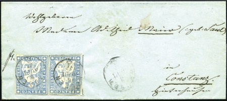 Stamp of Switzerland / Schweiz » Sitzende Helvetia Ungezähnt » 1856-57 Berner Druck (II) 10Rp blau (2) auf kleinerer blauer Faltbriefhülle 
